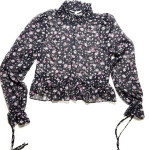 BCBGeneration Floral Black and Pink Women's Top Smocked Neck Peplum Size XS